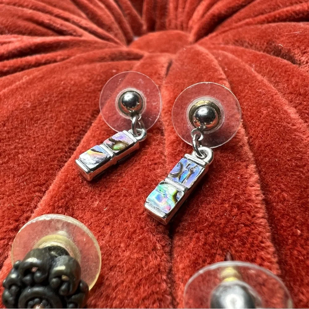 Vintage Earring Bundle Set of Three Double Hoop Beaded Abalone Dangle Retro